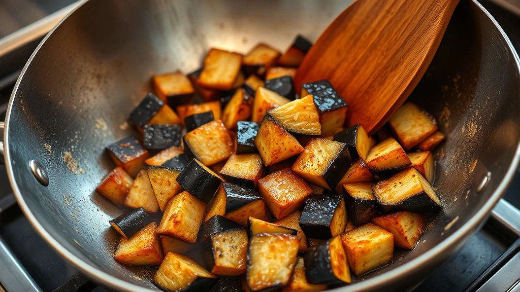 process: wok with golden caramelized eggplant chunks sizzling over flames, minced garlic and ginger visible, stainless steel wok with wooden spatula, dynamic cooking action, professional food photography lighting, no text