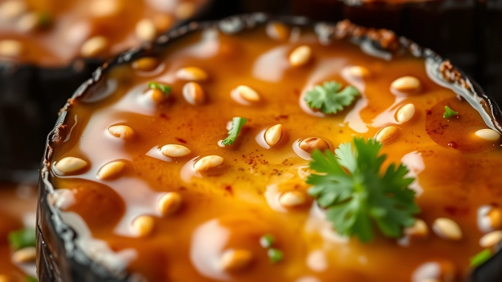 detail: close-up macro shot of single piece of glistening eggplant coated in glossy sauce with sesame seeds and cilantro garnish, creamy texture visible, natural soft lighting, no text or watermarks
