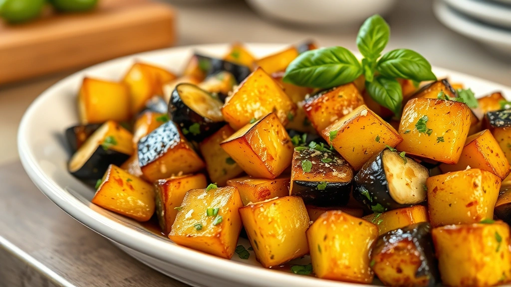 hero: golden roasted eggplant cubes glistening with olive oil and fresh herbs on a white ceramic platter, warm kitchen lighting, garnished with fresh basil and parmesan, no text
