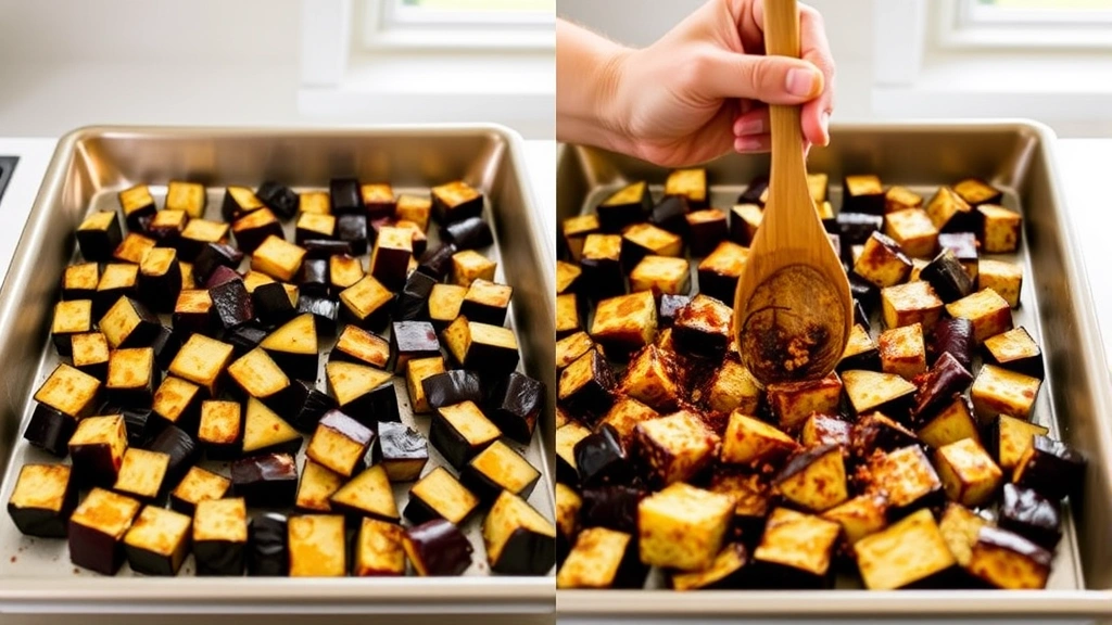process: eggplant cubes spread on baking sheet mid-roast showing caramelized edges, hand stirring with wooden spoon, professional kitchen setting, natural window light, no text