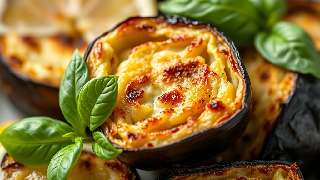 detail: close-up macro shot of roasted eggplant cube cut in half showing tender creamy interior with crispy golden exterior, fresh basil leaf, lemon wedge, natural daylight, no text