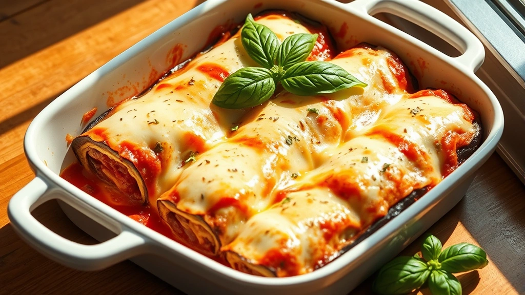 hero: finished eggplant rollatini in white baking dish with melted cheese and marinara sauce, garnished with fresh basil, photorealistic, natural sunlight streaming from side, no text