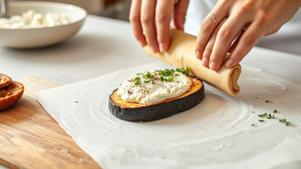 process: hands rolling fried eggplant slice with ricotta filling, action shot mid-roll, photorealistic, bright kitchen lighting, no text