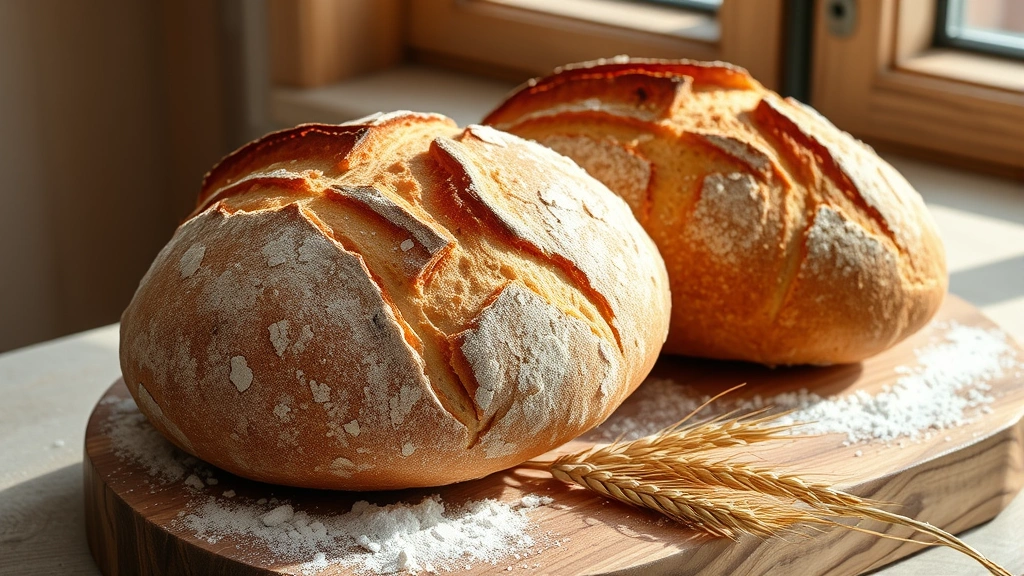 hero: Two rustic einkorn loaves with deep golden-brown scored crust, sitting on a wooden board with scattered flour and wheat stalks, natural window light streaming across, artisanal bakery aesthetic, no text