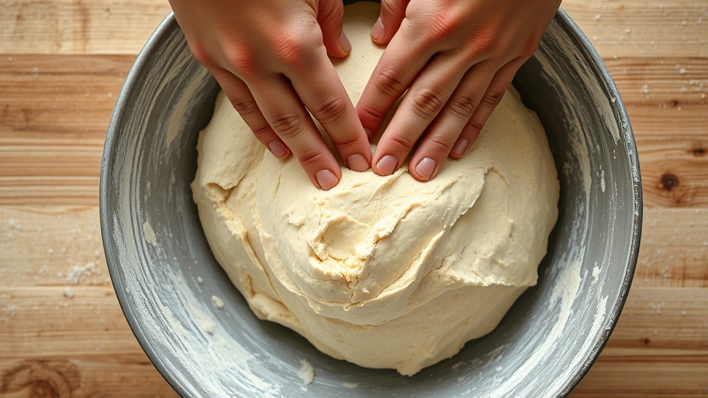 process: Hands performing stretch and fold technique on shaggy einkorn dough in mixing bowl, water droplets visible, dough texture showing development, natural kitchen lighting, overhead angle, no text