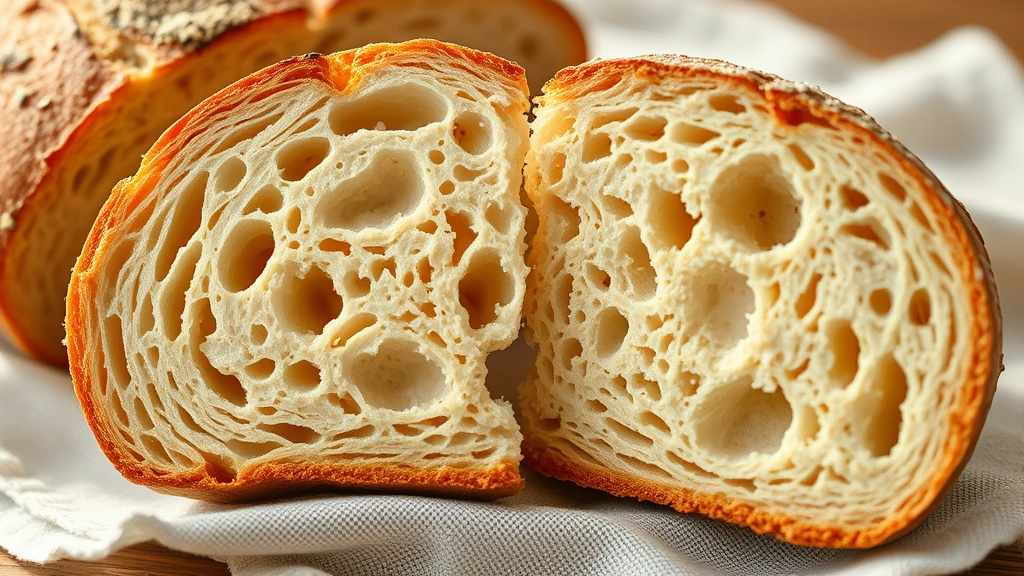 detail: Cross-section of sliced einkorn bread showing open, tender crumb structure with irregular holes, golden interior color, crusty exterior, placed on linen cloth with morning light, no text