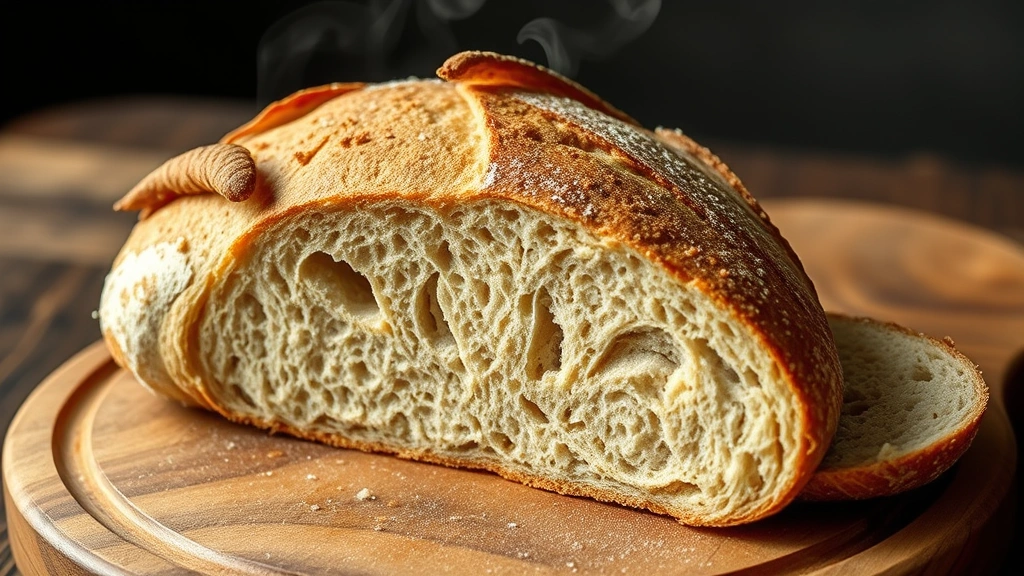 hero: golden-brown einkorn sourdough loaf with dramatic scoring and ear, sliced to show open crumb structure, rustic wooden board, natural morning light, steam rising, no text
