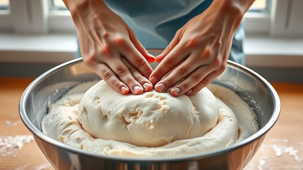 process: hands performing stretch-and-fold on wet einkorn dough, showing gluten development, stainless steel bowl, natural window light, flour dust in air, no text