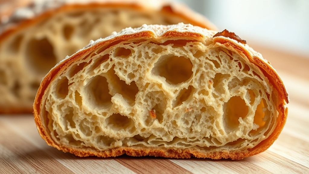 detail: close-up cross-section of einkorn sourdough showing open alveolar crumb structure, golden interior, crispy crust edge, soft focus background, natural light, no text