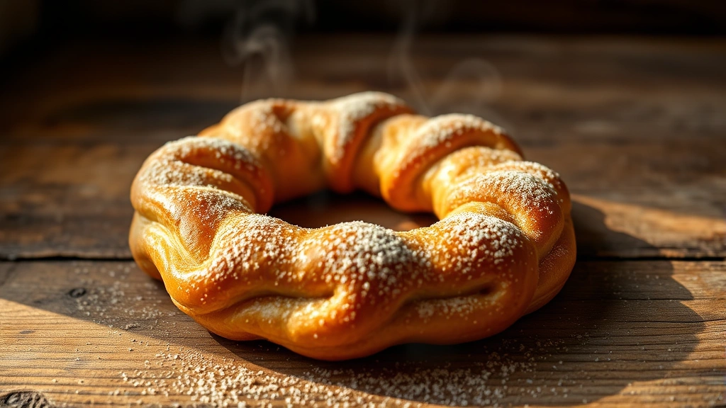 hero: golden-brown elephant ear pastry dusted with cinnamon sugar, warm steam rising, photographed from above on rustic wooden surface with warm natural window light, shallow depth of field