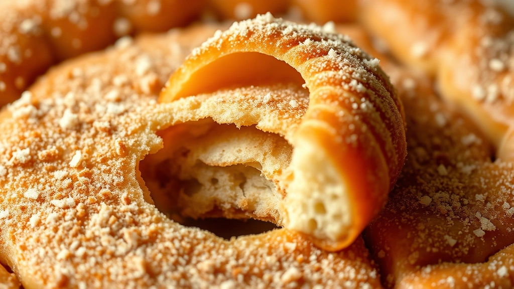 detail: close-up macro shot of crispy elephant ear cross-section showing layered, flaky texture, dusted with cinnamon sugar crystals, bite taken out revealing tender interior, warm studio lighting