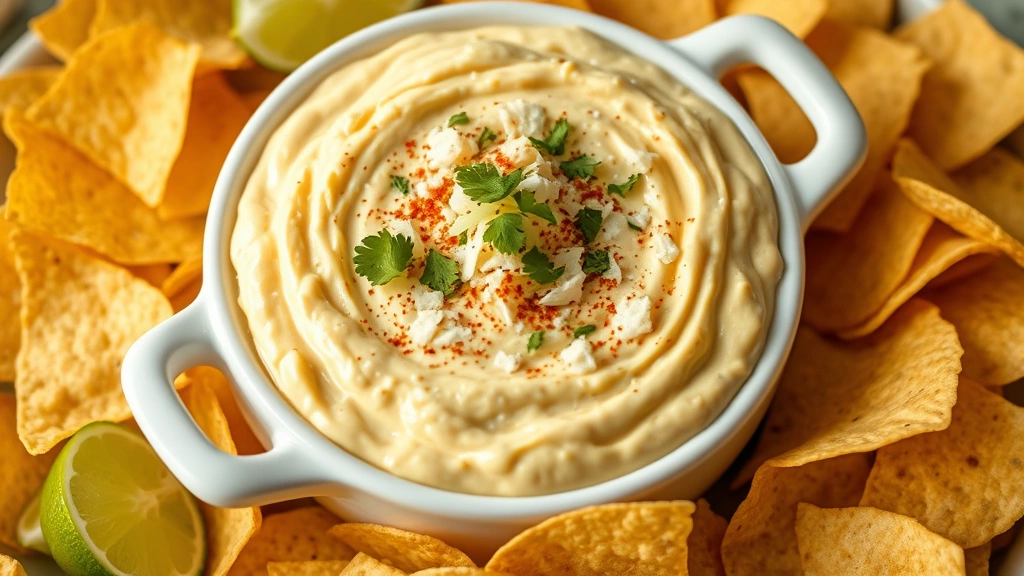 hero: creamy elote dip in white serving bowl topped with cotija cheese, cilantro, and chili powder, surrounded by tortilla chips and lime wedges, photorealistic, natural window light, close overhead shot, no text