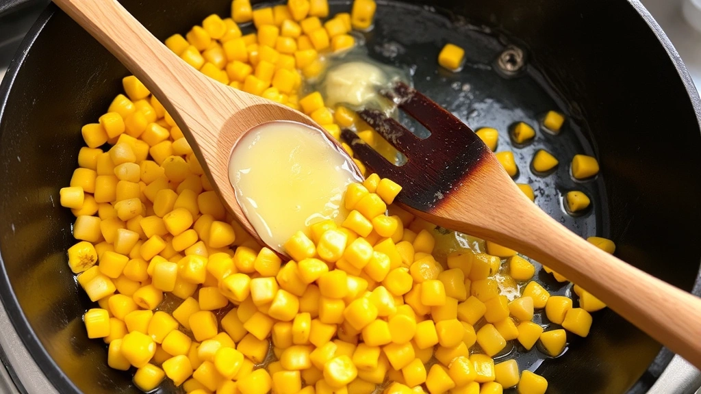 process: cast iron skillet with golden charred corn kernels being stirred with wooden spoon, melted butter glistening, medium-close angle, natural kitchen lighting, no text