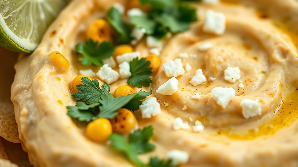 detail: close-up macro shot of creamy dip with charred corn kernels, crumbled cotija cheese, fresh cilantro, and lime zest visible, shallow depth of field, natural diffused light, no text