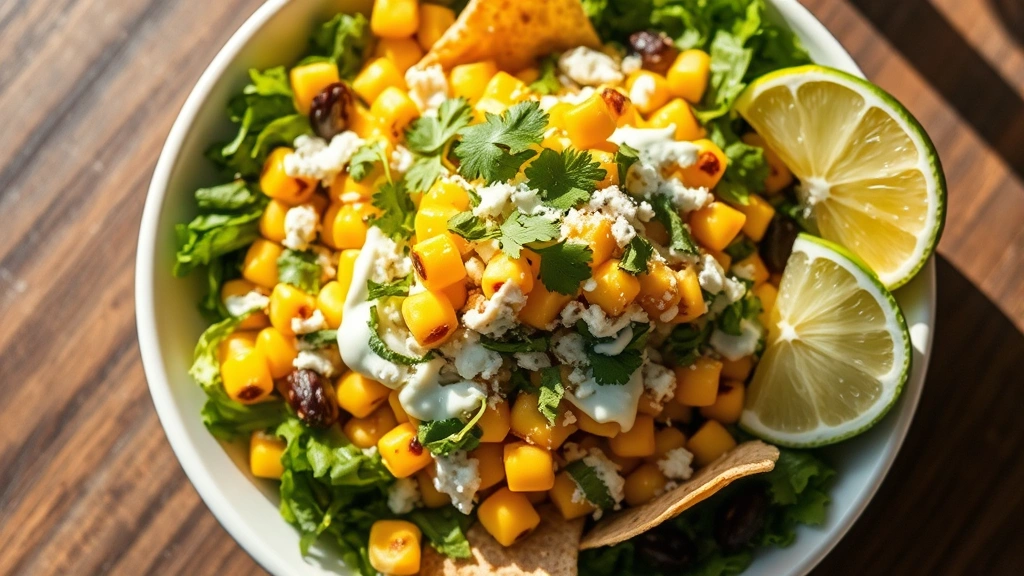 hero: vibrant elote salad with charred corn kernels, crumbled white cotija cheese, fresh cilantro, crispy tortilla strips on mixed greens, cilantro-lime crema drizzled on top, lime wedges on the side, shot from above on a white ceramic bowl, natural sunlight streaming across, fresh and appetizing