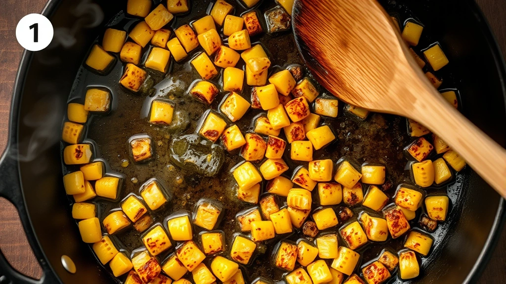 process: corn kernels charring in a cast-iron skillet with melted butter, golden-brown caramelized pieces visible, smoke slightly rising, wooden spoon stirring, overhead shot showing the charring technique