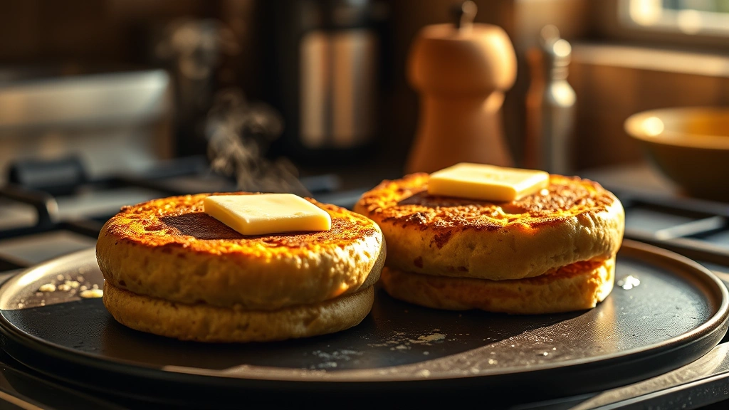 hero: golden brown English muffins freshly cooked on a griddle, split with butter melting on top, steam rising, warm natural sunlight, rustic kitchen background, no text