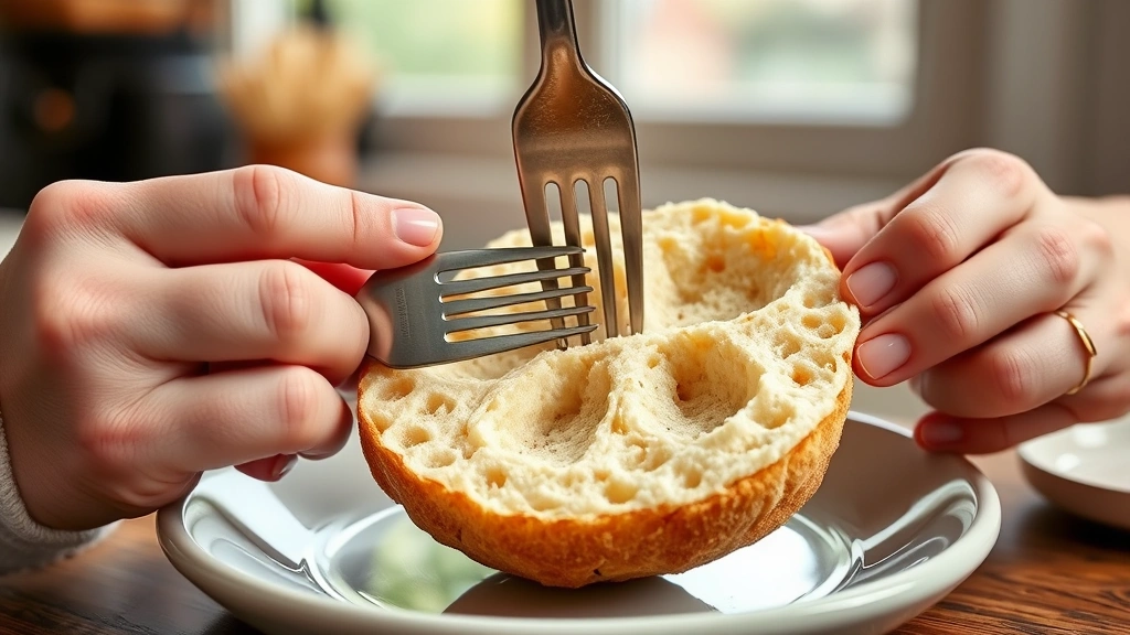 process: hands splitting an English muffin with a fork to create nooks and crannies, close-up action shot, natural window lighting, cozy kitchen setting, no text