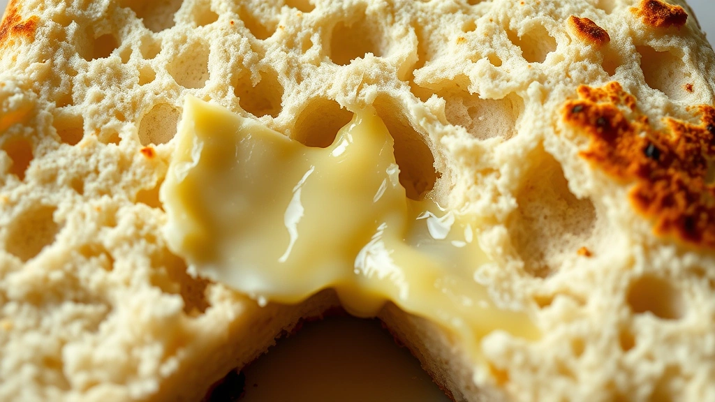 detail: close-up of the interior texture of a split English muffin showing nooks and crannies, melting butter, natural morning light, macro photography style, no text