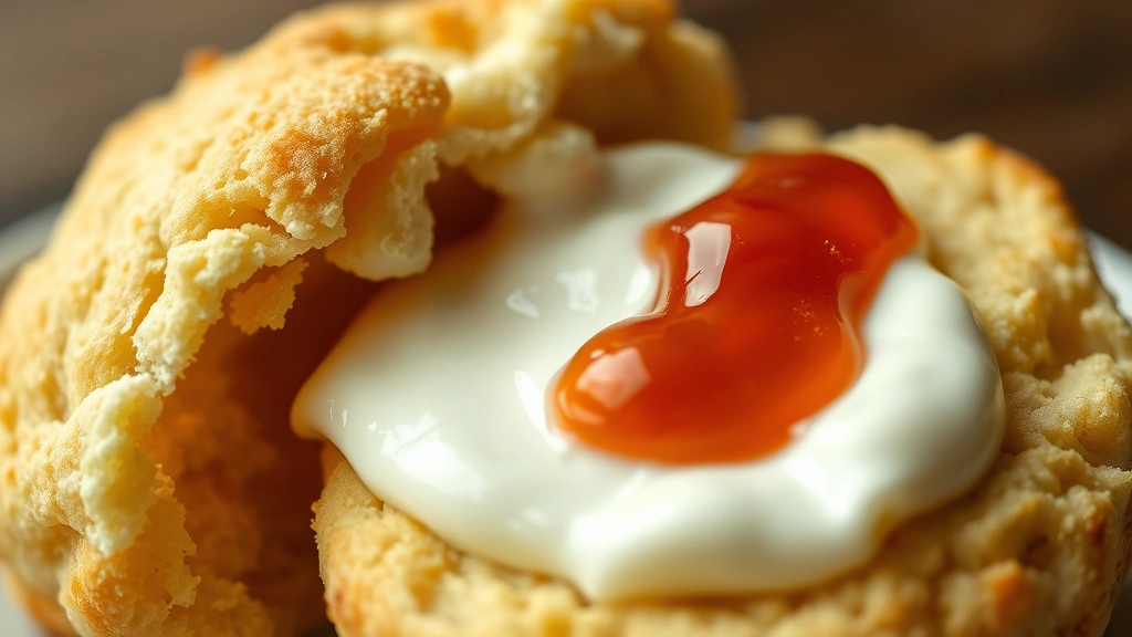 detail: split warm scone with clotted cream and jam, close-up macro shot, golden interior visible, natural daylight, photorealistic