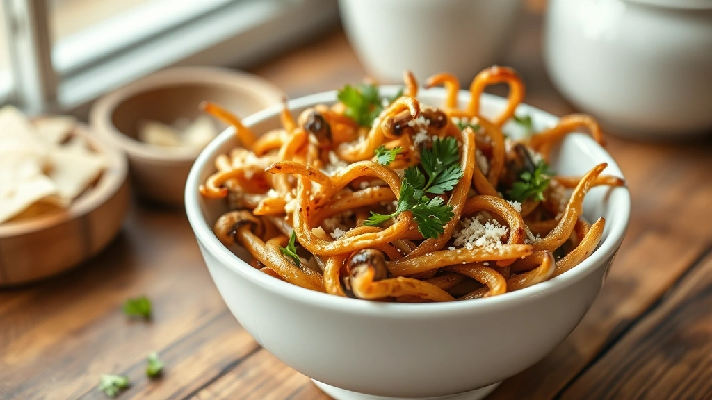 hero: golden-brown sautéed enoki mushrooms with crispy edges in white ceramic bowl, garnished with fresh parsley and parmesan, warm natural window light, shallow depth of field, rustic wooden table background