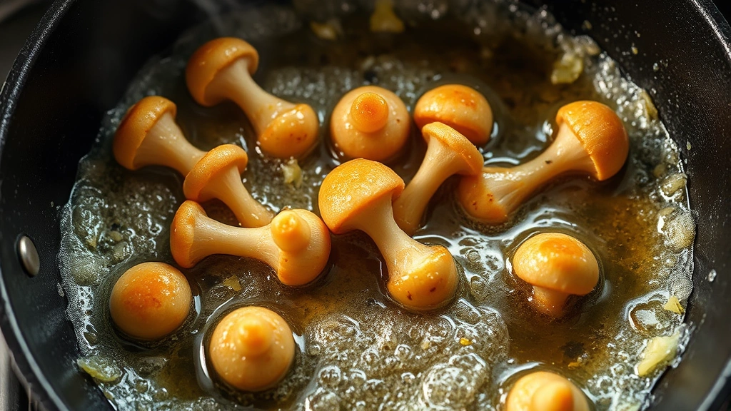 process: enoki mushrooms sizzling in cast iron skillet with foaming butter and garlic, golden brown color developing, steam rising, professional kitchen lighting, overhead angle