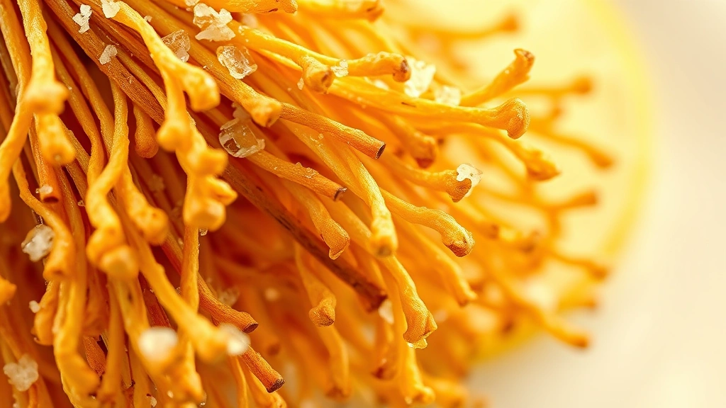 detail: close-up macro shot of crispy golden enoki mushroom strands with lemon juice droplets and fleur de sel crystals, soft natural backlight, blurred creamy background