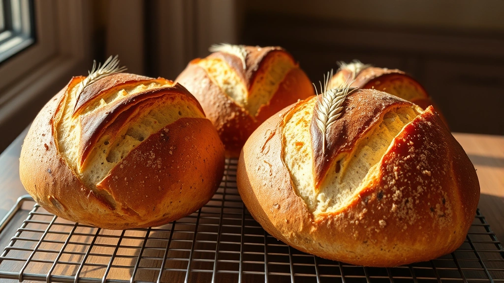 hero: finished épi bread loaves cooling on wire rack, deep golden-brown crust with dramatic pointed wheat-stalk segments fanned outward, natural window light, rustic wooden table, no text or watermarks
