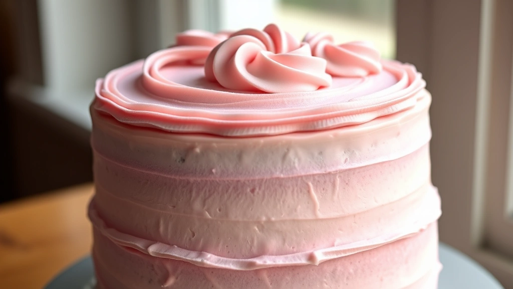 hero: beautiful two-layer vanilla cake frosted with smooth, pale pink ermine frosting with decorative piping on top, photorealistic, natural window light, no text, close-up of frosting texture