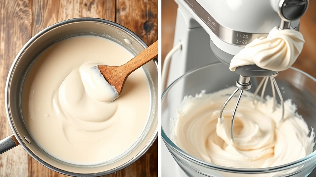 process: saucepan with thick cream-colored cooked flour and milk mixture being stirred with wooden spoon, then stand mixer bowl with fluffy frosting being whipped, photorealistic, natural light, no text