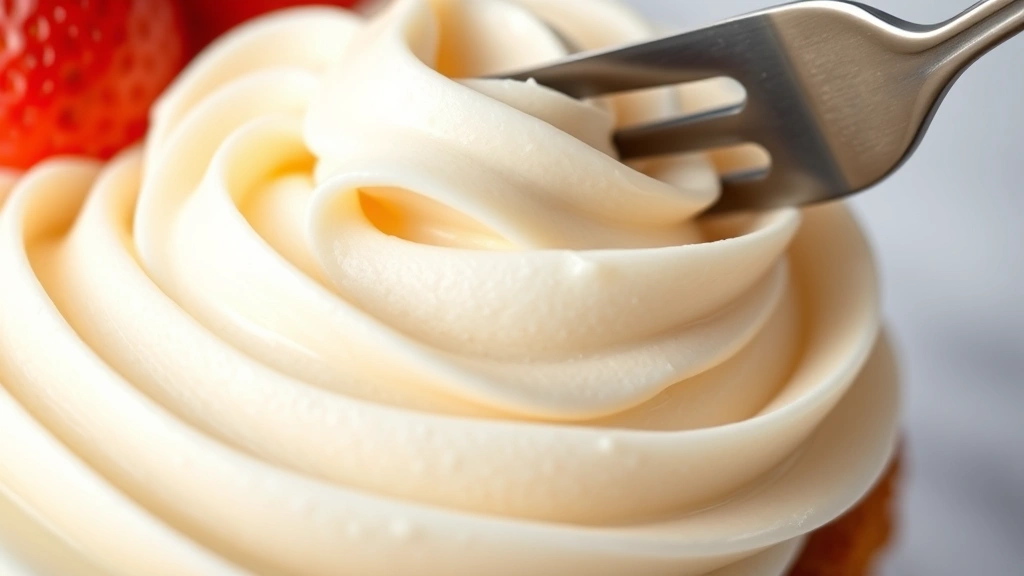 detail: close-up macro of ermine frosting swirled on cake with fork or spatula showing silky, mousse-like texture and light fluffy consistency, photorealistic, natural light, no text