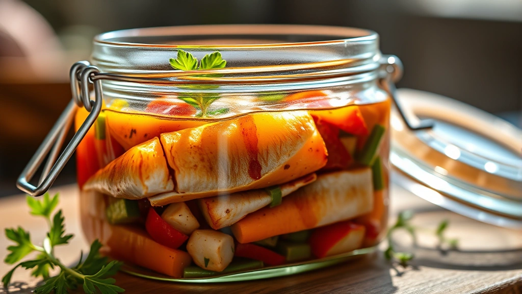 hero: escabeche in glass jar, golden fish pieces with colorful marinated vegetables, fresh herbs garnish, warm afternoon sunlight streaming through, shallow depth of field, professional food photography style
