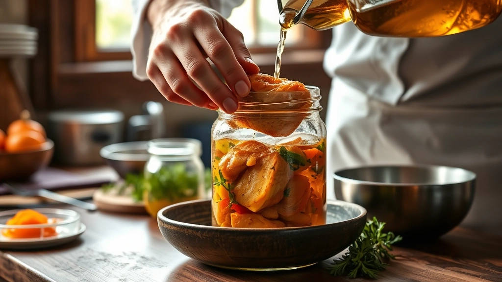 process: chef hands gently placing golden cooked fish into glass jar, colorful vegetables and aromatics visible, pickling liquid being poured, rustic kitchen setting, natural window light, warm tones