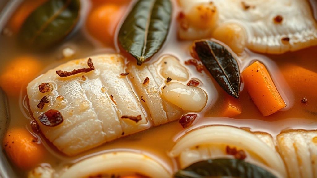 detail: close-up of escabeche showing layers of fish, onions, carrots, bay leaves and spices, glistening in pickling liquid, macro photography, steam rising slightly, vibrant colors of vegetables, artistic composition