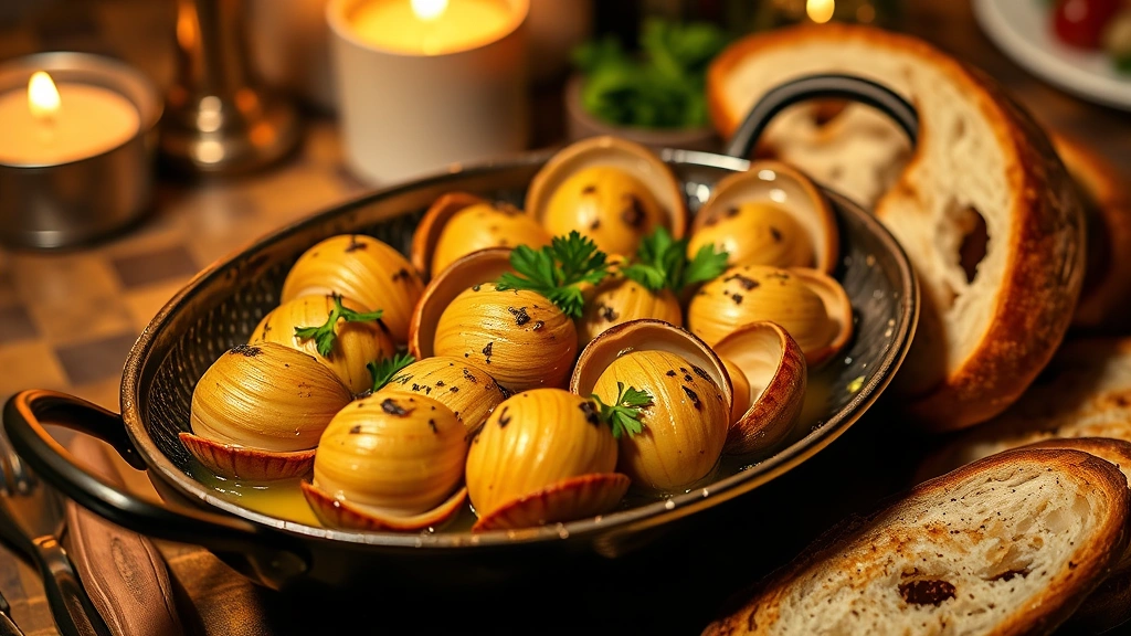 hero: golden sizzling escargot in shells arranged in a specialized escargot dish, melted garlic herb butter bubbling around shells, fresh parsley garnish, crusty bread beside, warm candlelit ambiance, photorealistic, natural light, no text