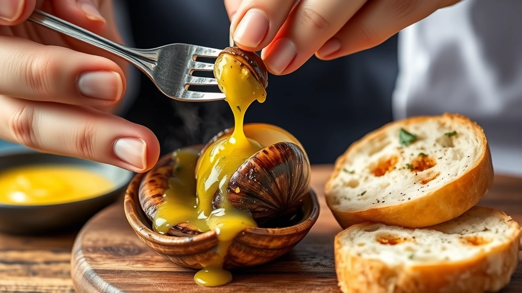 process: hands using small fork to extract snail from shell, golden herb butter dripping, baguette slice ready for dipping, steam rising, photorealistic, natural light, no text