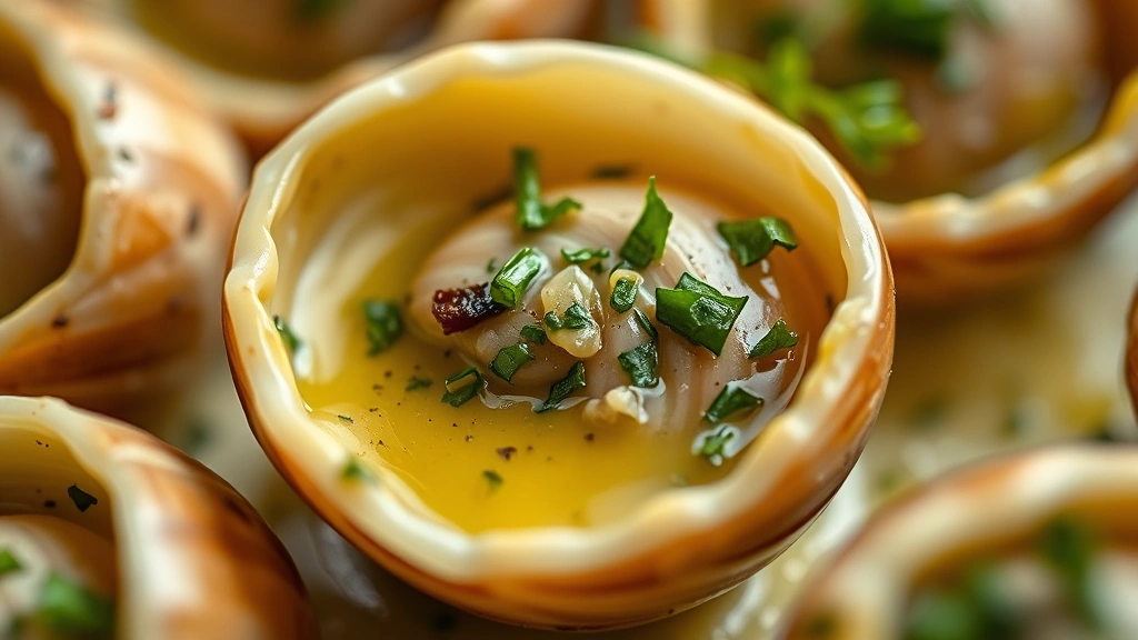 detail: extreme close-up of single escargot shell filled with melted garlic herb butter, fresh herbs visible, creamy texture, shallow depth of field, photorealistic, natural light, no text