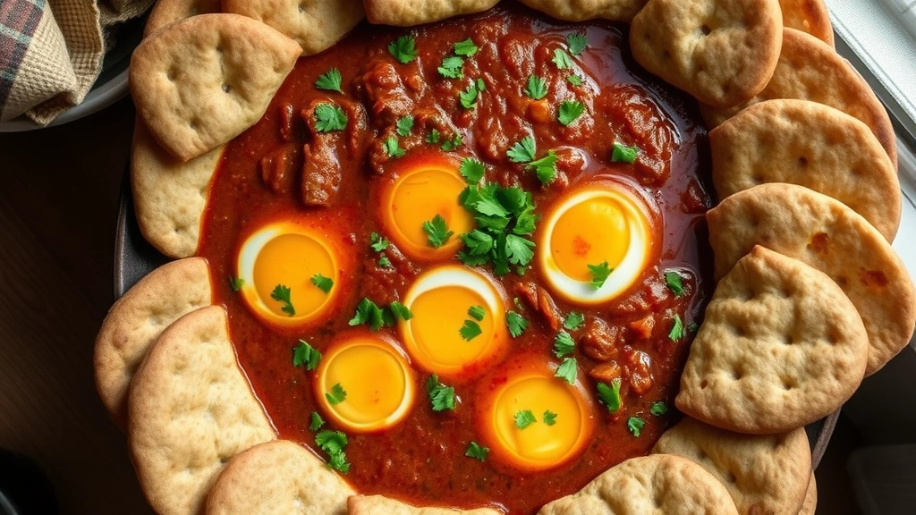 hero: overhead shot of Ethiopian Doro Wat served on large communal platter with injera bread, hard-boiled eggs visible in reddish-brown sauce, garnished with fresh cilantro, natural window light, authentic presentation, no text