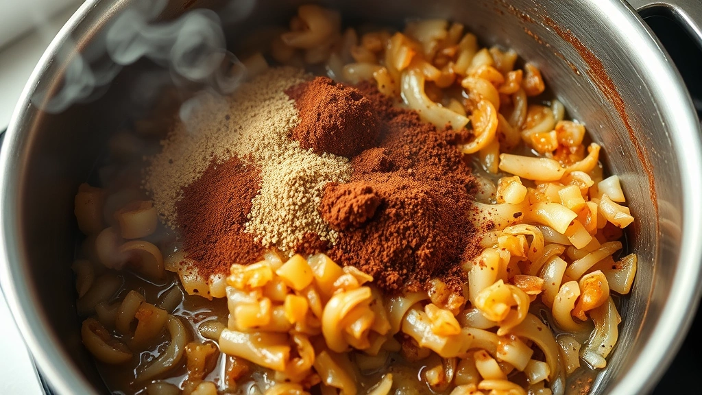 process: close-up of caramelized onions being cooked in large pot with berbere spices being added, steam rising, golden-brown onions, natural kitchen lighting, mid-cooking stage, no text