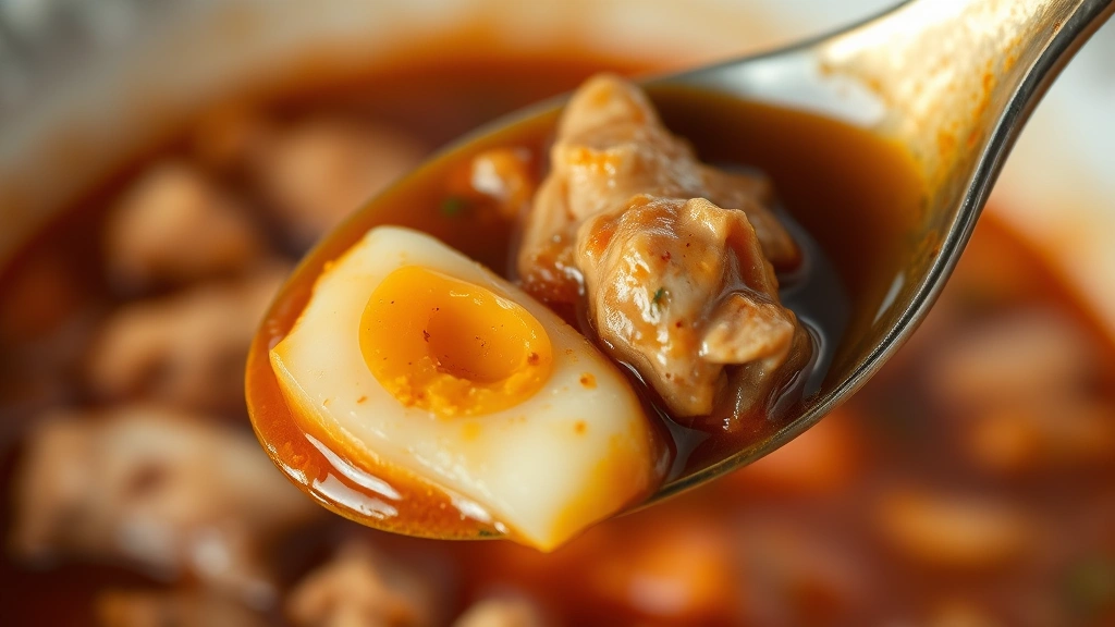 detail: macro shot of single spoonful of doro wat showing tender chicken, rich sauce coating, hard-boiled egg piece, vibrant reddish-brown color with visible spice flecks, shallow depth of field, no text
