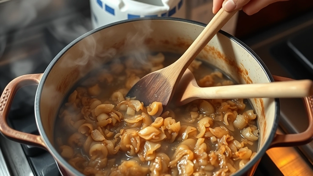 process: chef stirring deeply caramelized onions in large Dutch oven pot, golden-brown onions visible, wooden spoon, warm kitchen lighting, steam rising