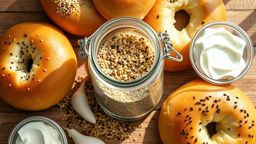 hero: beautiful overhead shot of homemade everything bagel seasoning in a clear glass jar with sesame seeds, poppy seeds, and dried garlic visible, surrounded by fresh bagels and cream cheese, natural morning light streaming across wooden table, no text or logos