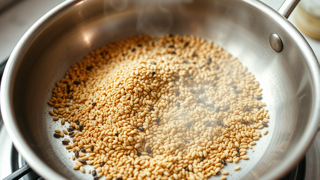 process: close-up action shot of toasting sesame and poppy seeds in a stainless steel dry skillet over medium heat, steam rising, seeds golden and fragrant, bright natural kitchen lighting, no text or logos