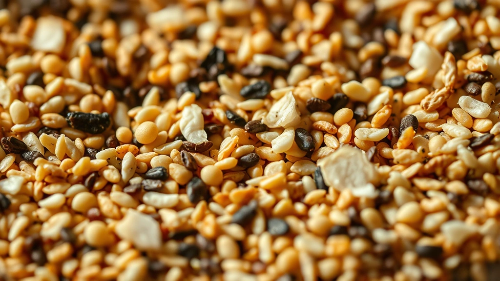 detail: extreme close-up macro shot of finished everything bagel seasoning showing individual sesame seeds, poppy seeds, garlic pieces, and onion flakes in sharp focus, warm natural lighting, shallow depth of field, no text or logos
