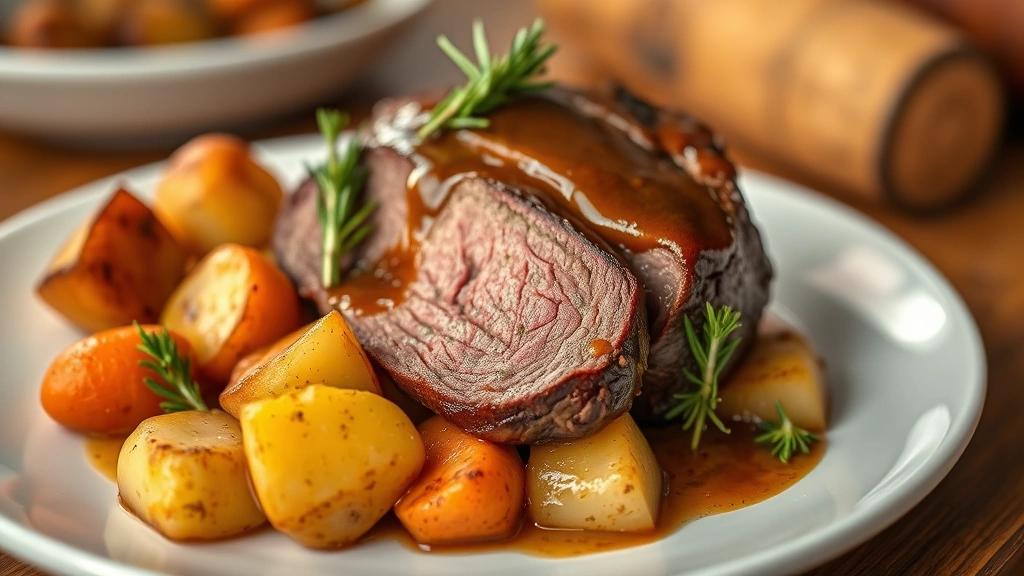 hero: perfectly sliced eye of round roast on white plate with roasted potatoes and carrots, rich gravy drizzled over top, garnished with fresh rosemary and parsley, warm golden lighting, shallow depth of field, no text
