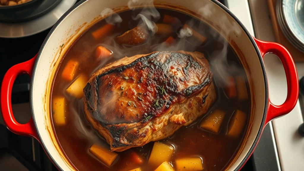 process: Dutch oven with seared roast and vegetables in rich braising liquid, steam rising, herbs visible, warm kitchen lighting, overhead angle, no text