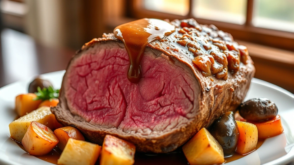 hero: perfectly sliced eye of round roast with pink center, golden crust, pan sauce drizzled over top, surrounded by roasted vegetables, warm natural window light, on white ceramic plate, professional plating