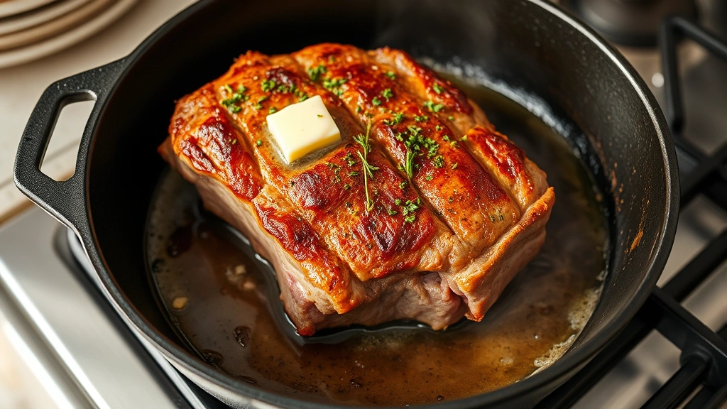 process: cast-iron skillet with roast being seared, golden-brown crust forming, butter basting with herbs and garlic, stovetop action shot, steam rising, natural kitchen light