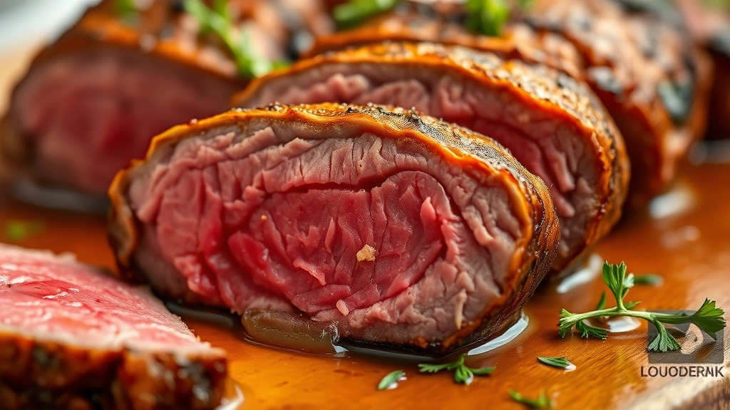 detail: close-up of sliced roast showing perfect medium-rare pink center with warm golden crust, pan sauce glistening, fresh herbs scattered, shallow depth of field, macro photography