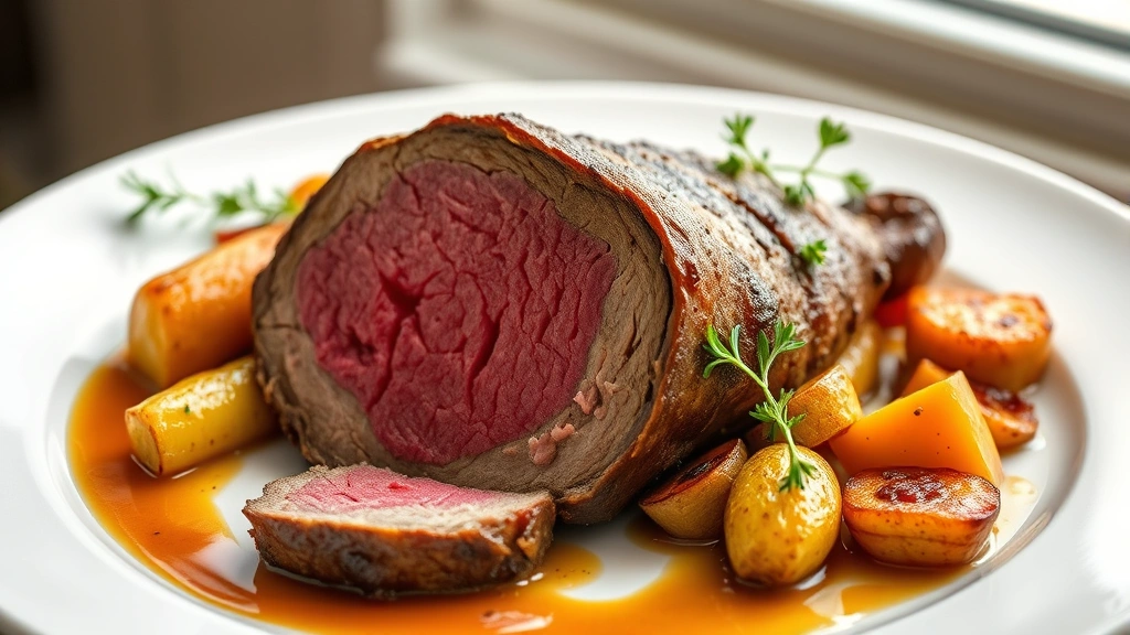 hero: perfectly sliced eye of round roast showing pink center, arranged on white plate with roasted vegetables, pan sauce drizzled around, fresh herb garnish, photorealistic, natural window light, no text, fine dining plating